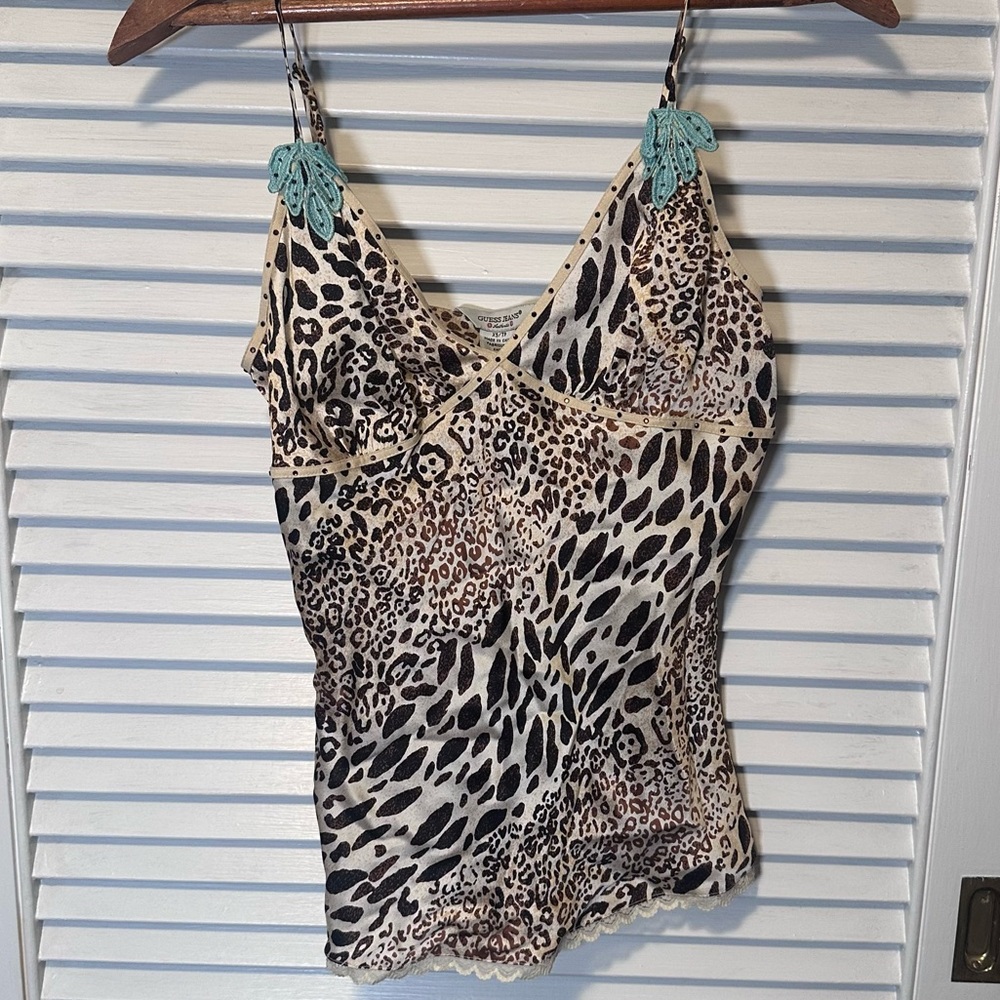 Vintage Y2K Guess Jeans woman’s leopard print silk top.